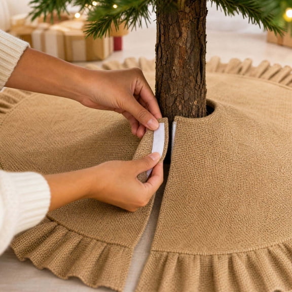 Burlap Christmas Tree Skirt Ruffled Jute Rustic Farmhouse Xmas Tree Base Cover Holiday Home Decor Under the Tree