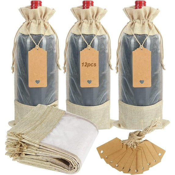 Burlap Christmas Wine Bottle Bags, 12 Pcs Wine Gift Bags with Tags & Strings Drawstring Bottle Bag with Sheer Window for Wedding Christmas Birthday Party Favors (13.8 X 6.3 Inches)