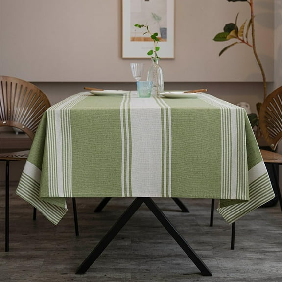 Burlap Cotton Linen Table Clothes Farmhouse Tablecloth Striped Picnic Table Cover Heavy Fabric Table Top Coffee Kitchen Décor Green Rectangle 55"×102"(8-10 Seats)
