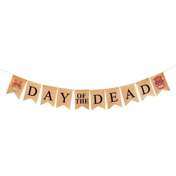 Burlap Day of The Dead Banner for Day of The Dead Decorations - Dia De Los Muertos Sugar Skull Decor Garland for Mexican Fiesta Halloween Party Mantle Fireplace