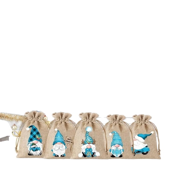 Burlap Drawstring Gift Bags with Christmas Faceless doll Patterns, Festive Treat Sacks for Holiday Party Favors, Reusable Linen Packaging Pouches 10 Pcs