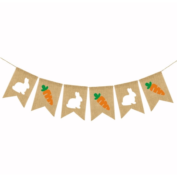 Burlap Easter Banner with Bunny and Carrot Motifs, Rustic Garland Party Decoration