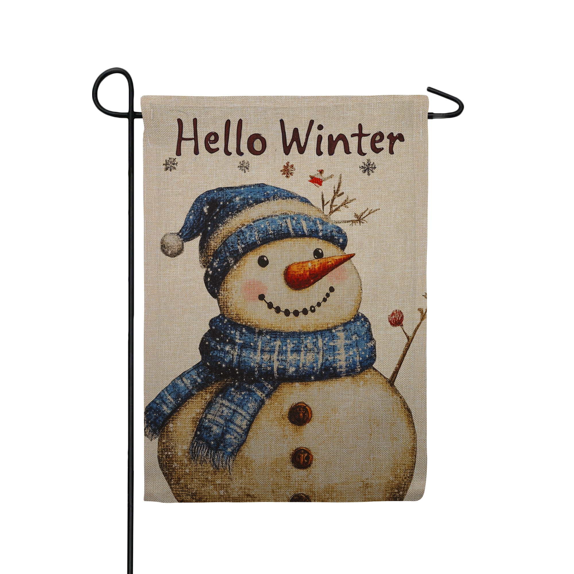 Burlap Garden Flag: America Forever Hello Winter Snowman Burlap Garden Flag, 12 x 18 inch Double Sided, Winter Snowman Cardinal Banner, Holiday Winter Seasonal Outdoor Decor, Christmas Yard Flag