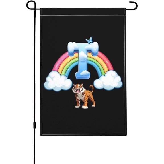 Burlap Garden Flag Tiger With Letter T Double Sided UV Fade Resistant 12 x 18 Inch Yard Outdoor Decor