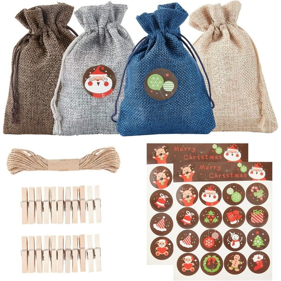 Burlap Gift Bags 32pcs Burlap Bags with Drawstring with Christmas Stickers Wooden Clips Hemp Twine String for Christmas Linen Bags Wedding Favors(3.9 x 5.5 Inch)