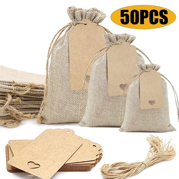 Burlap Gift Bags with Drawstring Party Favor Gift Bags Tags & String Gift Bags for Baby Shower Birthday Party Christmas 4"x6" 50Pcs
