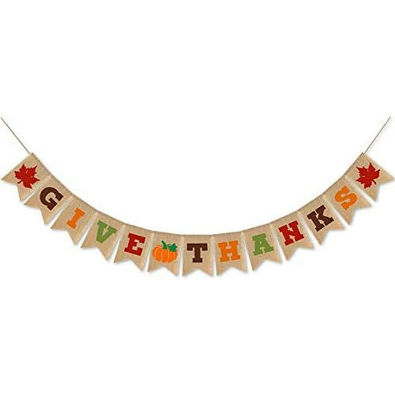 Burlap Give Thanks Banner with Pumpkin Maple Leaf Thanksgiving Day Friendsgiving Party Garland Decoration