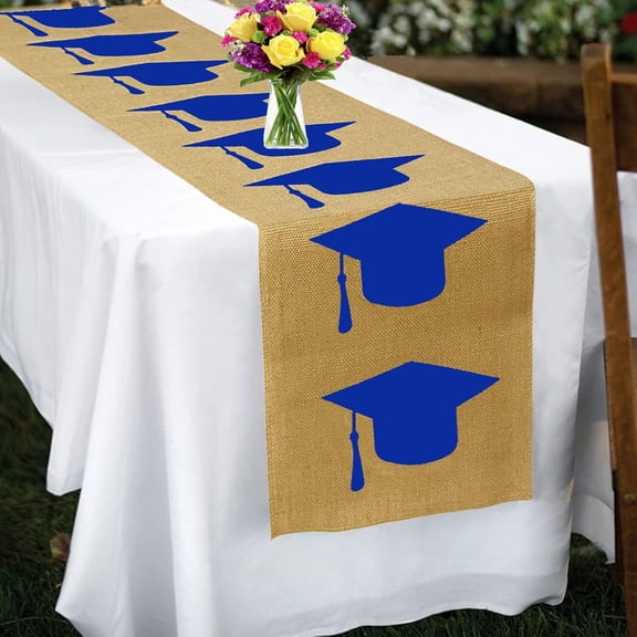 Burlap Graduation Table Runner 72 Inch - Rustic Graduation Table Decorations - 2026 Graduation Party Supplies - Grad Cap Tabletop Decor Centerpiece Indoor Outdoor (Blue)