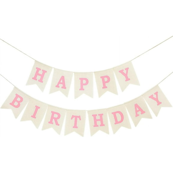 Burlap Happy Birthday Banner, Assembled Reusable Pink Happy Birthday Sign for Rustic Birthday Party Decorations