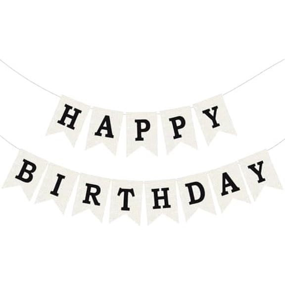 Burlap Happy Birthday Banner, Black Assembled Happy Birthday Banner Sign Garland for Boys Girls Rustic Party Decorations