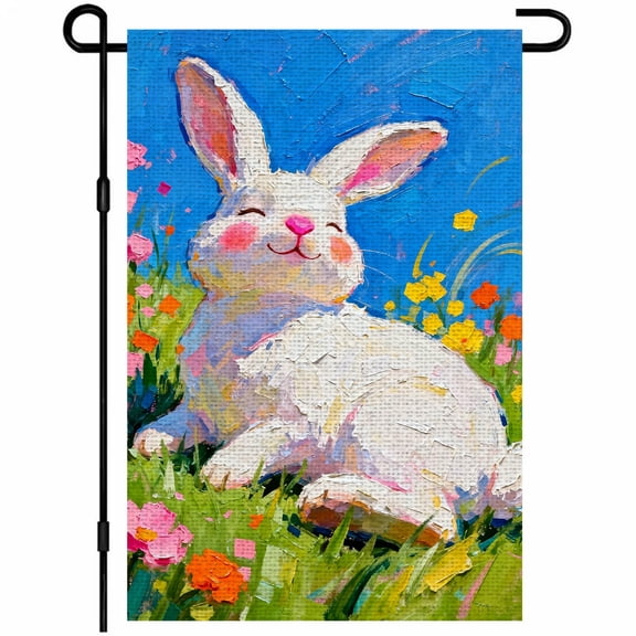 Burlap Happy Easter Welcome Garden Flag 12x18 Double Sided Pink Background Bunny Rose Crown for Farmhouse Decor