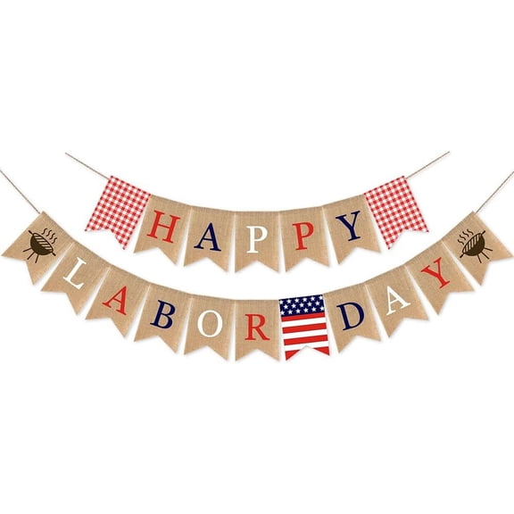 Burlap Happy Labor Day Banner with Grill BBQ Theme Party Supplies Labor Day Party Garland Decoration