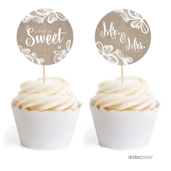 Koyal Wholesale Burlap Lace Wedding Cupcake Toppers DIY Kit, 20-Pack