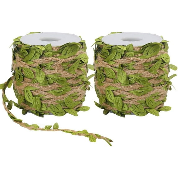 Burlap Leaf Ribbon, 66 Feet 5mm Natural Jute Twine Ribbon with Artificial Leaves for Crafts, Wedding, Jungle Safari Party, Home Decorations