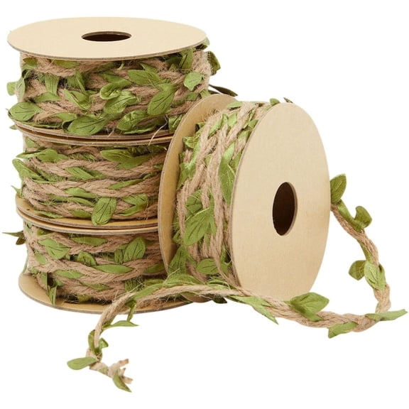 Burlap Leaf Ribbon - Jungle, Safari & Fairy Party, Enchanted Forest Decor, Vines for Crafts (4 Rolls, 65.6 Ft Total)