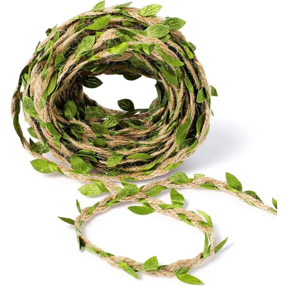 Burlap Leaf Ribbon Twine for Crafts Natural Jute Twines Ribbon with Artificial Green Leaves 33ft Rustic Vine Garland Braided Burlap Twine for Woodland Baby Shower Jungle Party Wedding Decor