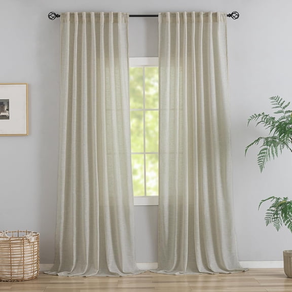 Burlap Linen 144 Inch Length Curtains for Tall Floor Ceiling Villa Living Room- Tan Beige Back Tab Hooks Pleated Easy Open Sliding Semi Sheer 12 Foot Extra Long 2 Story Window Curtain Panels