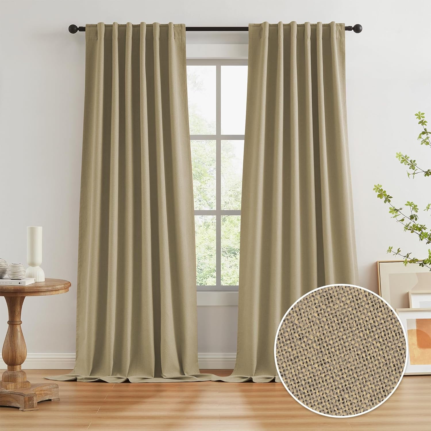 Burlap Linen Blackout Curtains For Ceiling Track System Back Tab, Loop