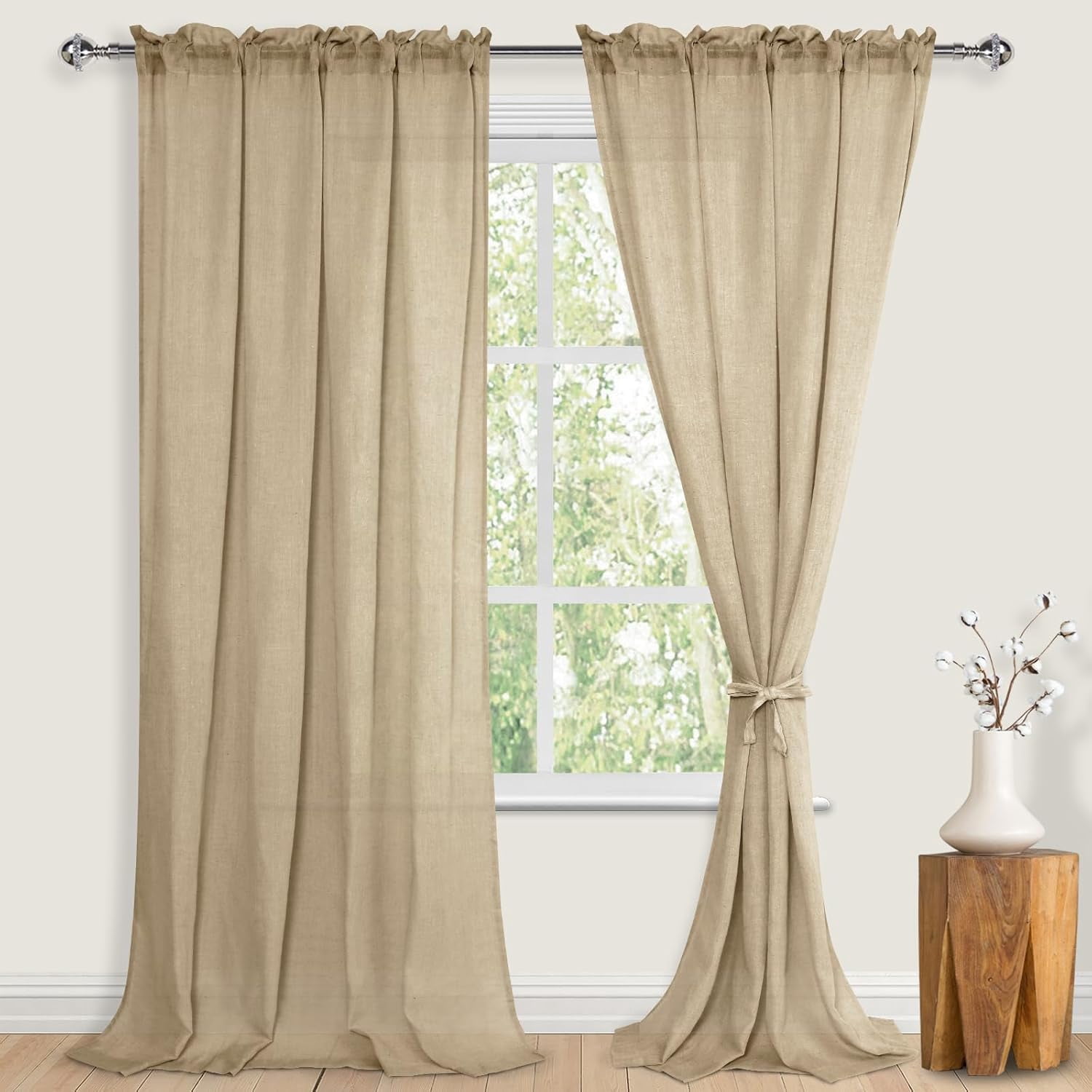 Burlap Linen Sheer Curtains 96 inches Long 2 Panels with Tiebacks, Rod