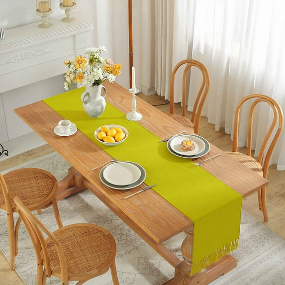 Burlap Linen Table Runner,Christmas Table Cloth With Tassel Trims For Wedding Party Family Gathering Living Room Dining Table-Yellow-35x200cm 14x79inch