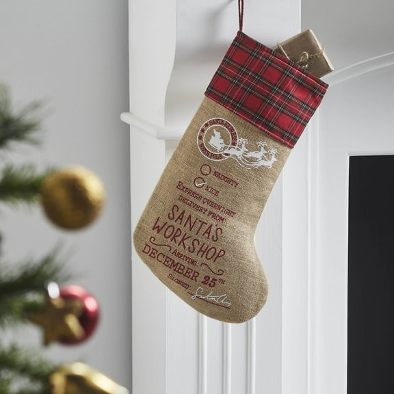 VHC Brands Burlap Natural Jute Plaid Santa's Workshop Stocking 12x20