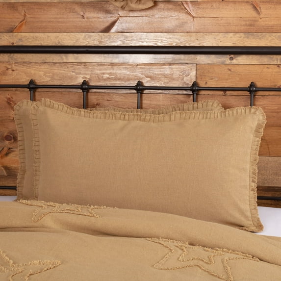 VHC Brands Burlap Fringed w Ruffle Collection 100% Cotton Coordinating Farmhouse Bedding Pillow Sham King Standard 3 Color Choices (King Sham 21x37, Tan)