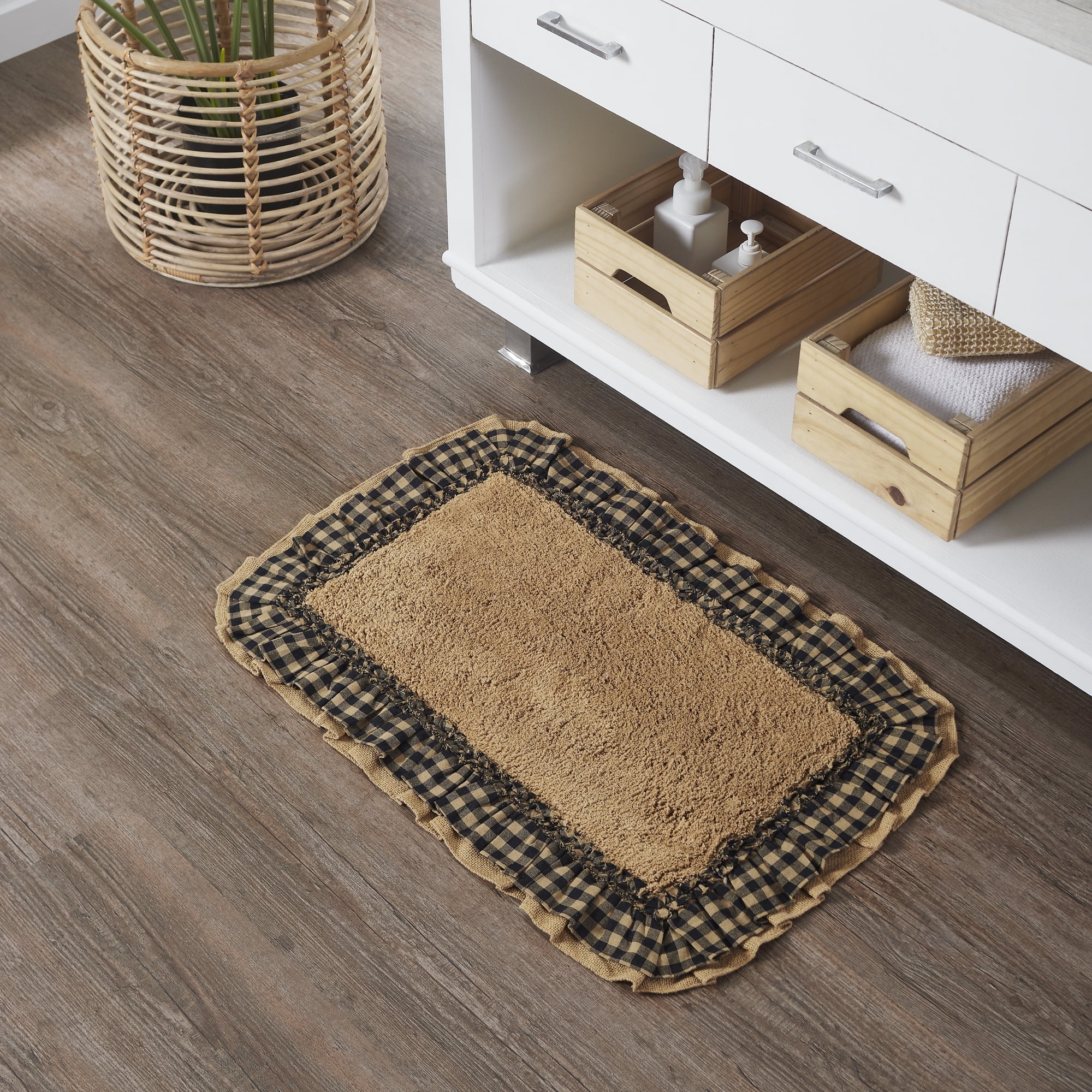 Farmhouse Tan and Black Checkered Cotton Burlap Bath Mat 20x30