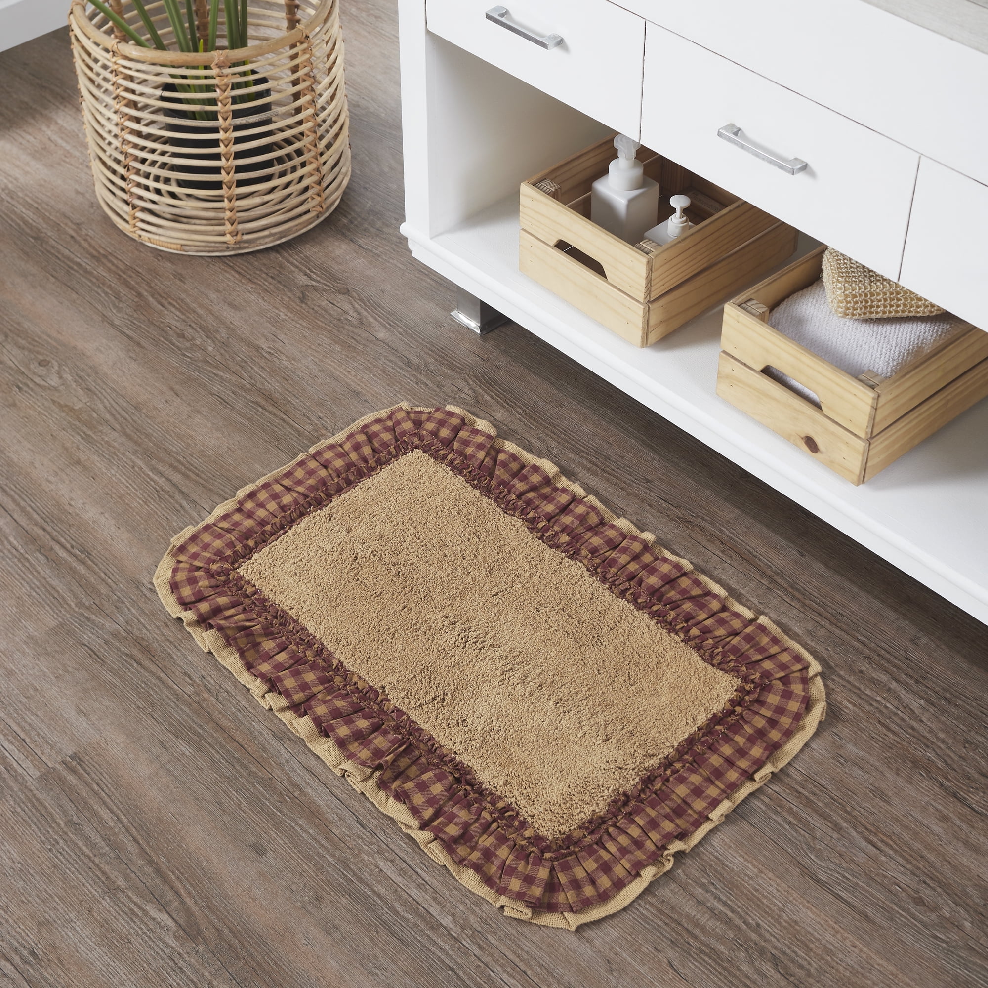 Natural Tan and Burgundy Checkered Cotton Bath Mat 20x30
