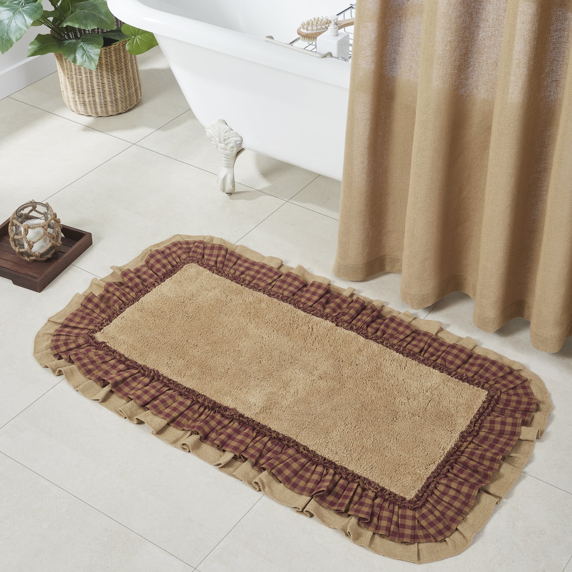 VHC Brands Burlap Check Bath Mat, Natural and Burgundy, 27x48
