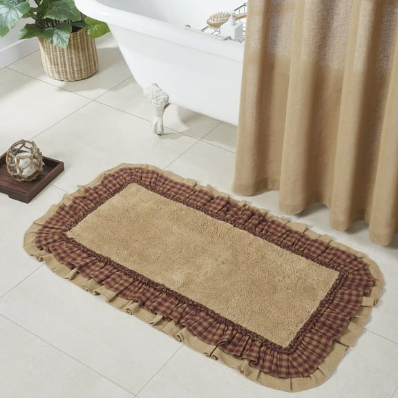 VHC Brands Burlap Check Bath Mat, Natural and Burgundy, 27x48