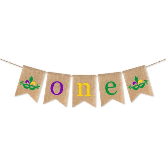 Burlap One Banner Mardi Gras Boy Girl 1st Birthday Party Decoration Supplies