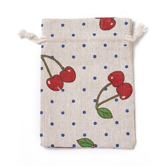 Burlap Packing Pouches Drawstring Bags Rectangle with Cherry Pattern Colorful 14~14.4x10~10.2cm