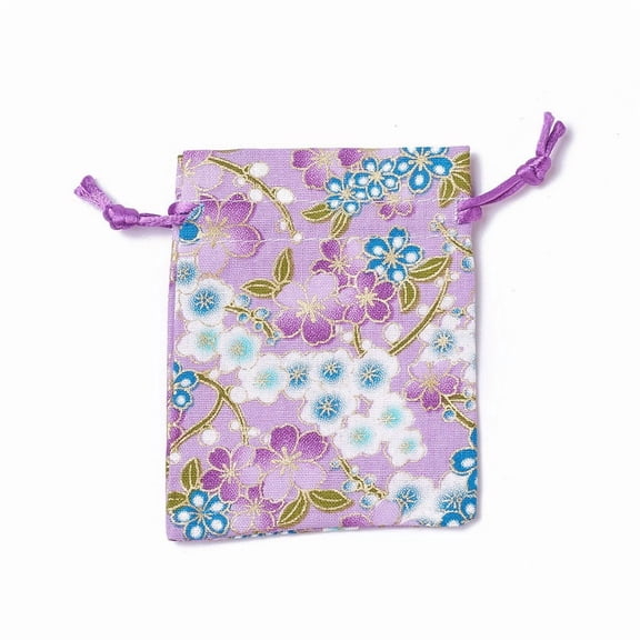Burlap Packing Pouches Drawstring Bags Rectangle with Flower Pattern Purple 10~10.5x8~8.3cm