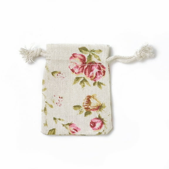 Burlap Packing Pouches Drawstring Bags Rectangle with Rose Pattern Colorful 8.7~9x7~7.2cm Burlap