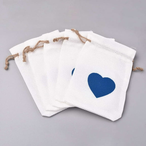 Burlap Packing Pouches Drawstring Bags with Heart Pattern Light Steel Blue 14x10cm DIY