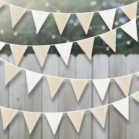 Burlap Party Decorations White Beige Banner Triangle Pennant Flag Linen Bunting Garland Streamers for Vintage Birthday Wedding Rustic Engagement Easter Party Decor