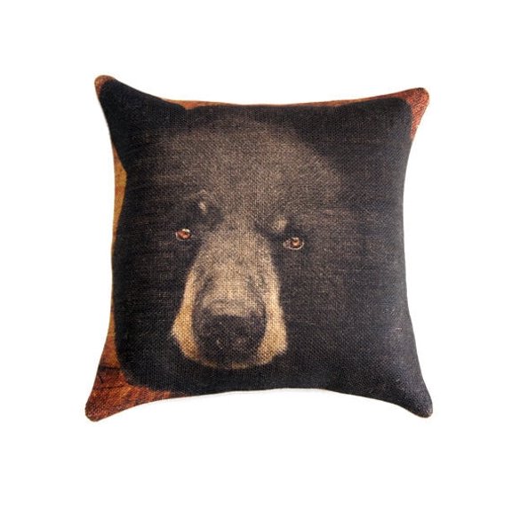 Burlap Fabrics Burlap Pillow Cover with Zipper - 18 x 18 Inch Bear Design Rustic Decor