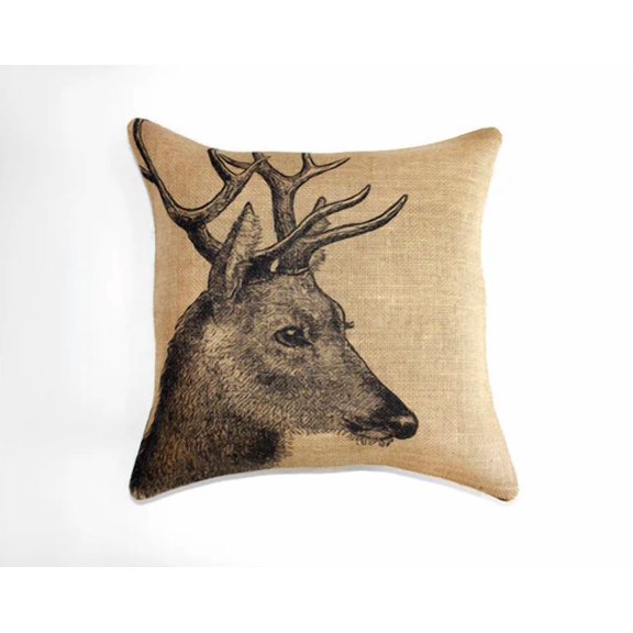 Burlap Fabrics Burlap Pillow Cover with Zipper - 18 x 18 Inch Deer Design Rustic Decor