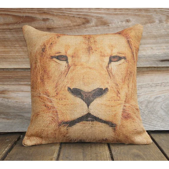 Burlap Fabrics Burlap Pillow Cover with Zipper - 18 x 18 Inch Lion Design Rustic Decor