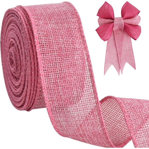 Burlap Pink Wired Ribbon, 1-1/2 inch 10 Yard Edge Ribbon for Spring Easter Wreath Bows Supplies Tree Toppers Crafts Gift Wrapping Christmas Elf Halloween Decor 1-1/2inch