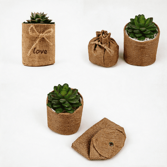 Burlap Plant Pot Covers, Reusable Linen Drawstring Planter Bags, Natural Jute Flower Pot Wraps for Succulents, Small Plants & Home Decor, Set of 3