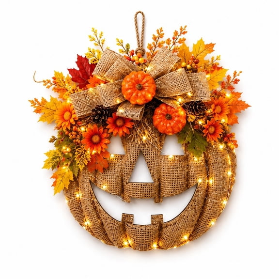 Burlap Pumpkin Face Wreath with LED Lights, Artificial Maple Leaves Sunflower Pinecone Bow, Fall Halloween Front Door Wreath for Home Porch Holiday Decor 30cm