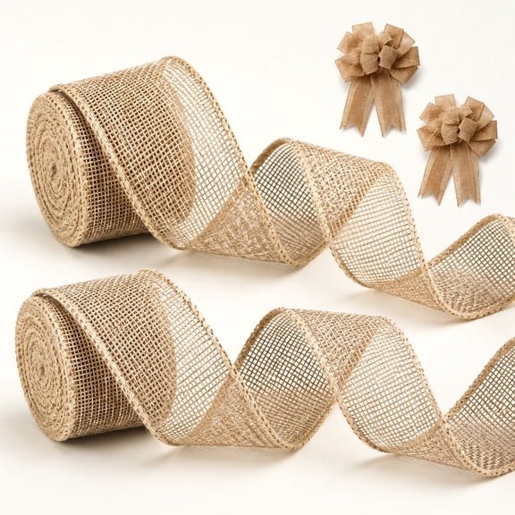 Burlap Ribbon Burlap Wired Ribbon Tutuviw 2 Rolls 1.6 in x 5 Yards Fabric Ribbon Natural Jute Ribbonn for Gift Wrapping Jute Linen Ribbons for Crafts Wreaths Flower Bouquet Christmas Ornaments