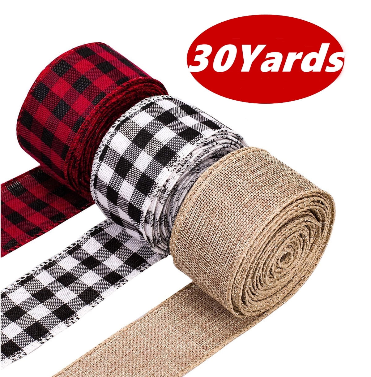 KABUER Burlap Ribbon for Gift Wrapping Christmas Tree Ribbons Buffalo Plaid Black White Red Craft Wired Edge Ribbon for Gift Wrapping Christmas Crafts Decoration 30 Yards 3 Rolls