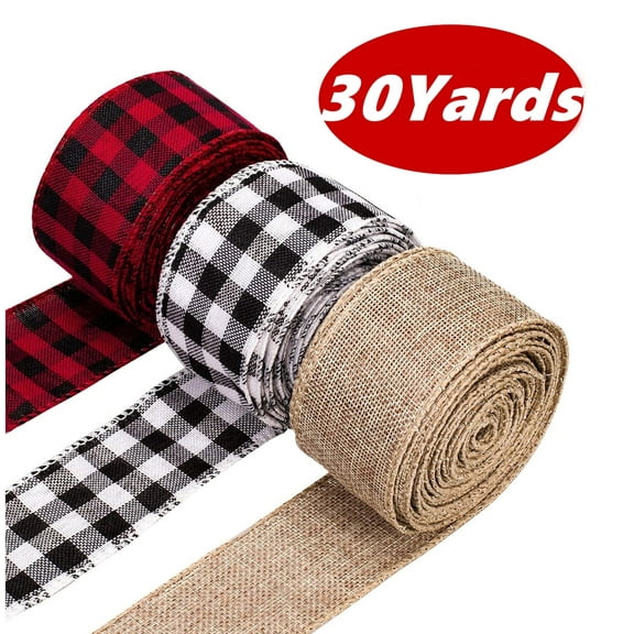 Burlap Ribbon for Gift Wrapping Christmas Tree Ribbons Buffalo Plaid Black White Red Craft Wired Edge Ribbon for Gift Wrapping Christmas Crafts Decoration 30 Yards 3 Rolls