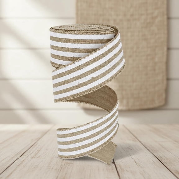 Burlap Ribbon Wired, White Stripe Rustic Ribbon for Easter, Christmas, Wreath, Spring, Summer, Wedding, Birthday