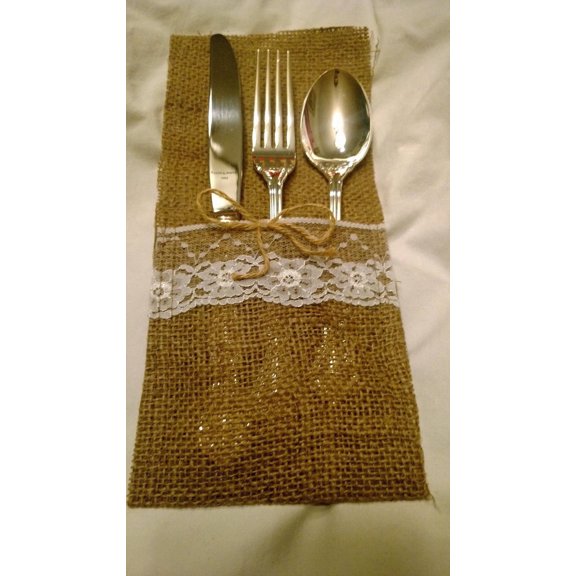 Burlap Fabrics Burlap Silverware Holder - 4.5 x 10 Inch Rustic Lace and Jute 8 Pack