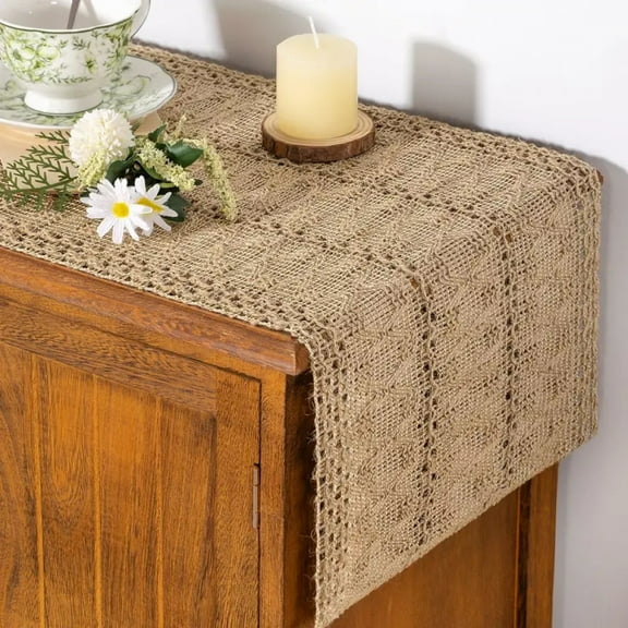 Burlap Small Table Runner Boho Rustic Macrame Spring Easter Jute Vintage Farmhouse Coffee Table Dresser Scarf for Dining Room