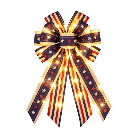 Burlap Star Striped Bow Front Door With Integrated LED Lights For Festive Holiday Wreaths For Front Door Artificial Wreath 4th Of July Wreath