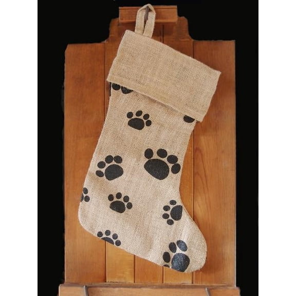 Burlap Fabrics Burlap Stocking Paw Print - 8 x 17 Inch Rustic Christmas Holiday Decor